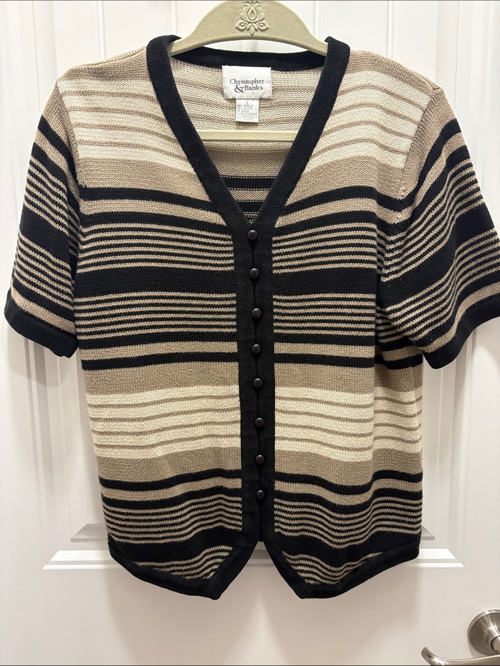 Christopher & Banks L Striped Short Sleeve Cardigan Sweater